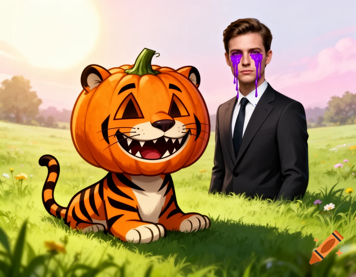 A cartoon tiger with a pumpkin head sits in a green field next to a man in a suit with purple liquid dripping from his eyes.