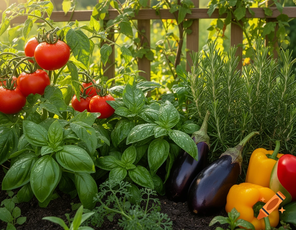 Fresh tomatoes, basil, rosemary, eggplants, and bell peppers growing in a sunlit garden with water droplets.