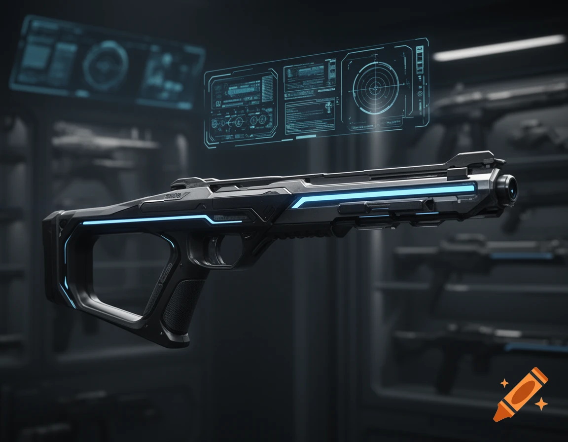 Sleek, dark futuristic sci-fi gun with glowing blue accents, shown with holographic interface displays, in a weapon rack.