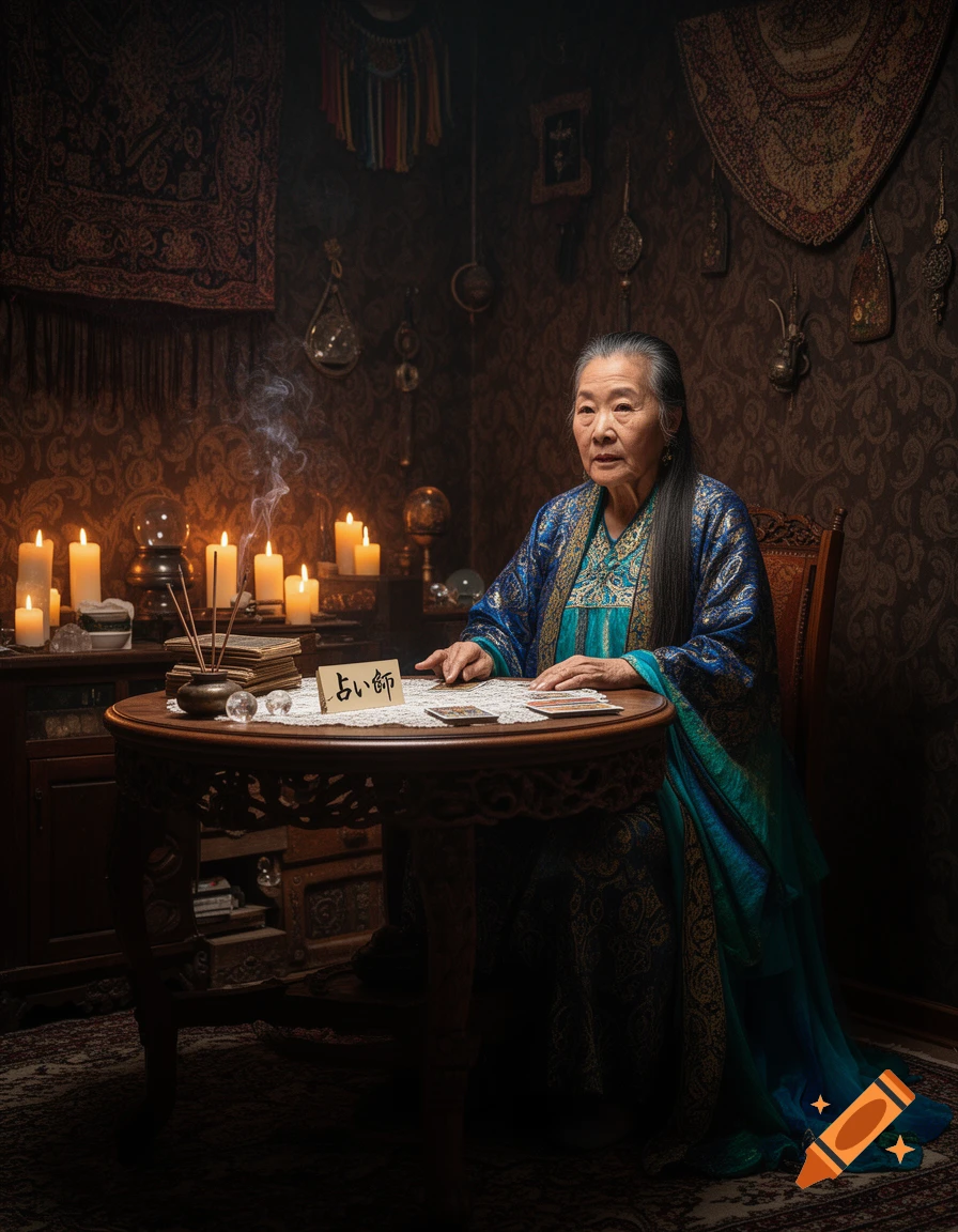 An elderly Asian woman, a fortune teller, sits at a wooden table with candles, incense, and mystic items in a dimly lit room.