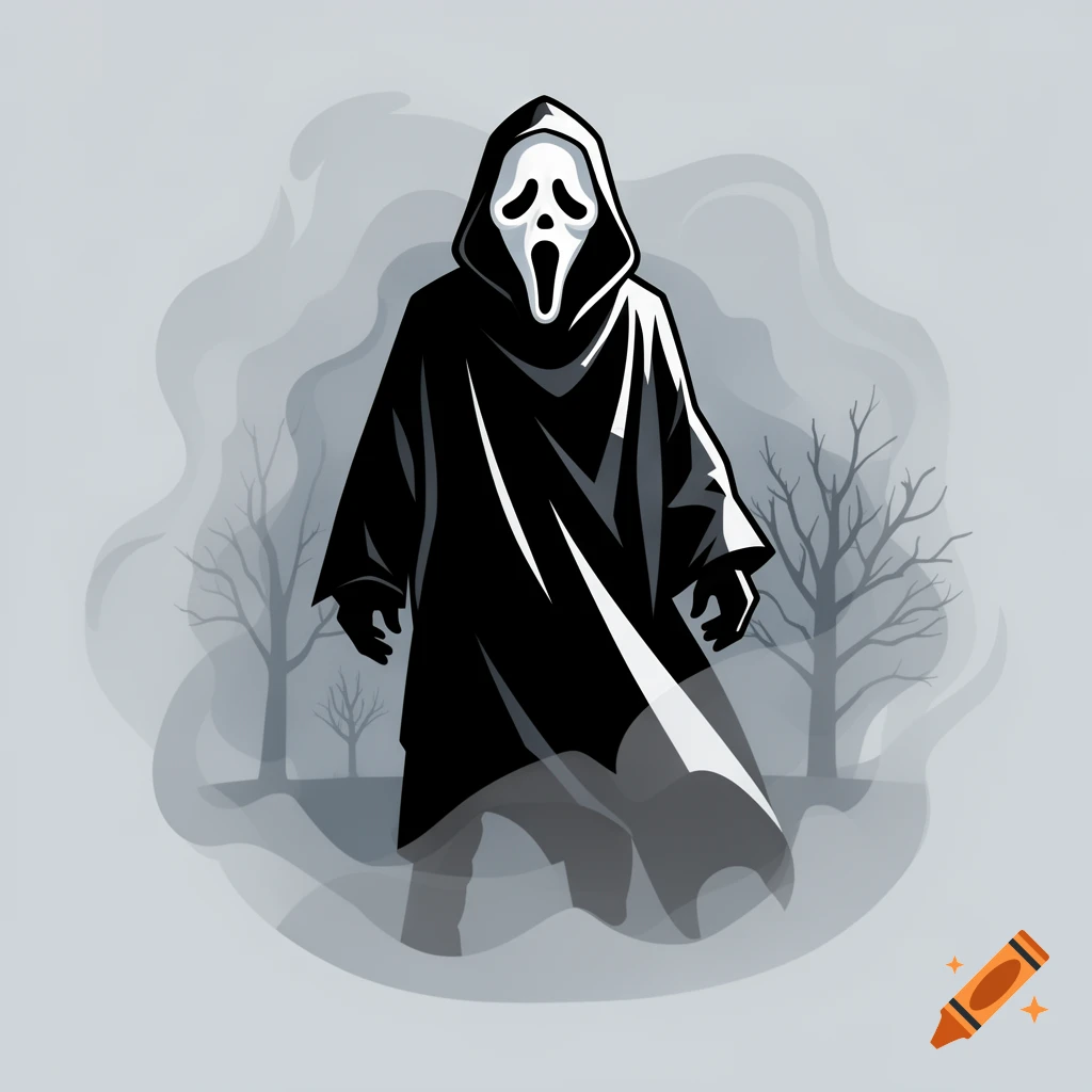 A stylized illustration of Ghostface in a black hooded robe and iconic white mask, standing in a foggy, desolate forest with bare trees.