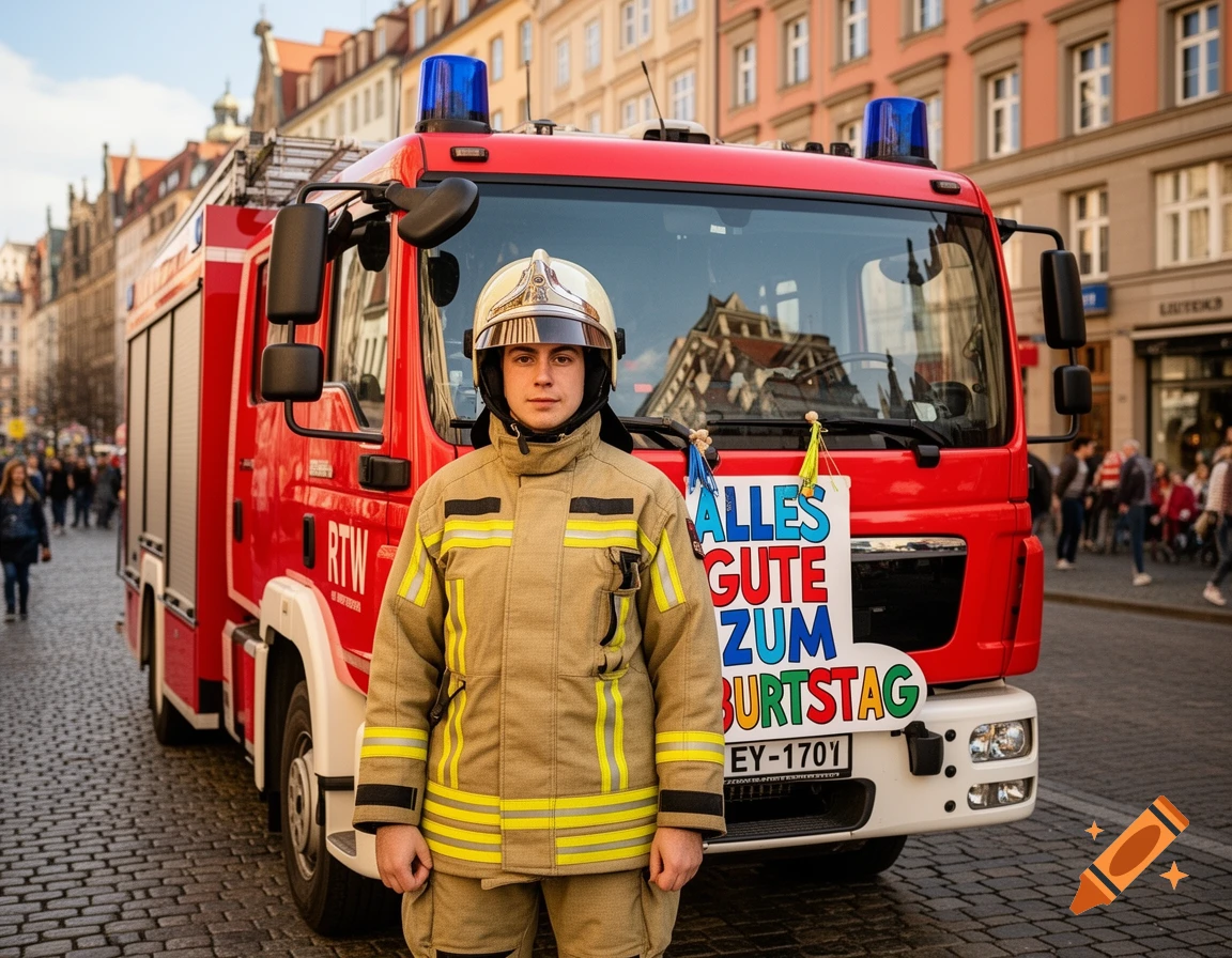 A young firefighter in beige uniform and helmet stands proudly in front of a red fire truck on a city street, with a 'Happy Birthday' sign on the truck.