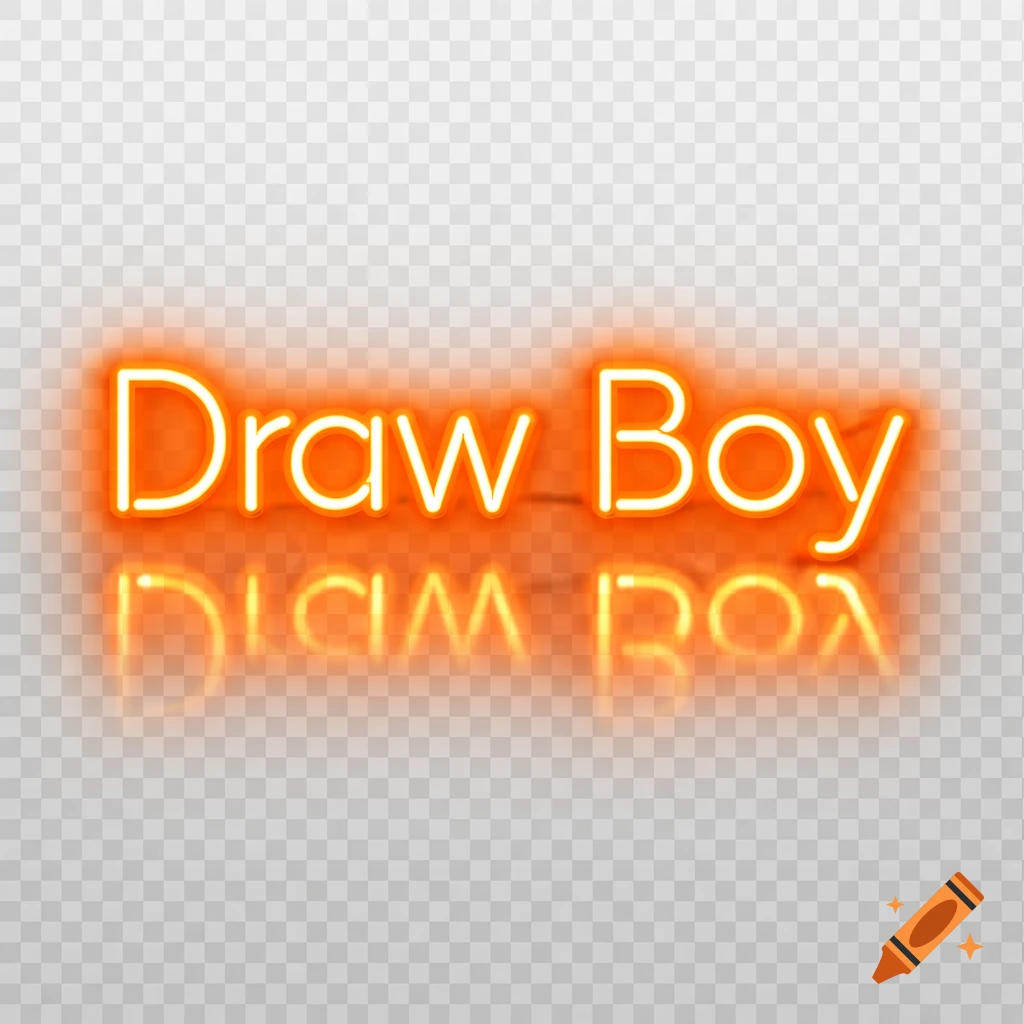 An orange neon sign displaying the words "Draw Boy" with a reflection below, on a translucent background.