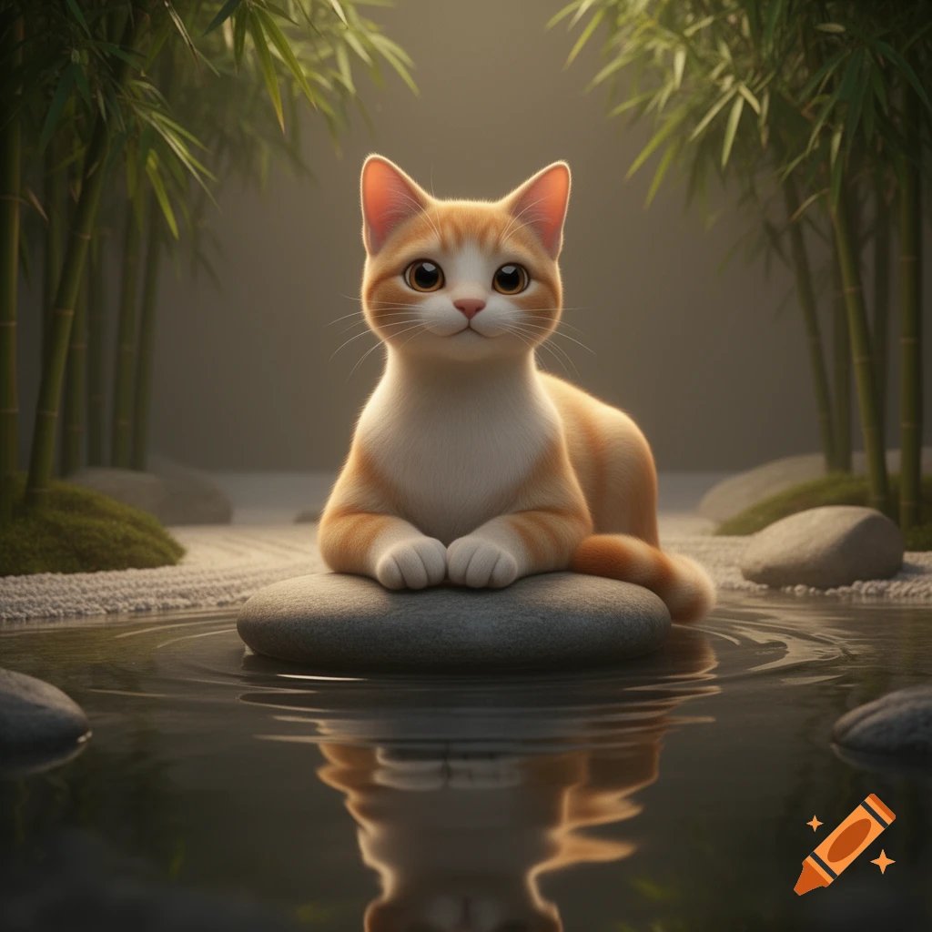 A cute orange and white cat with large eyes sits on a rock in a peaceful bamboo garden with water reflections.