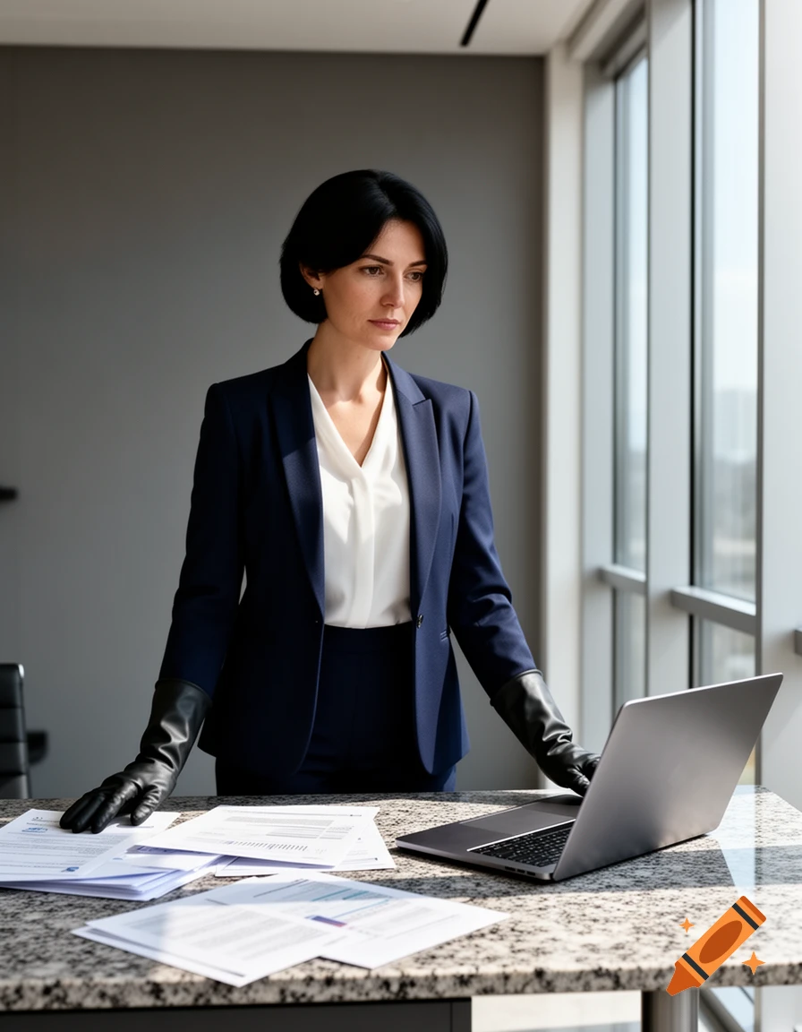 A black-haired woman in a dark blue suit and black gloves stands at an office desk with papers and a laptop, looking out a large window.