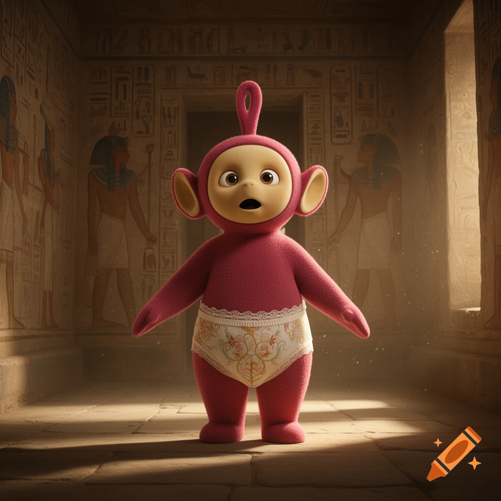 A hyperrealistic red Teletubby named Po, wearing vintage underwear, looks astonished while standing in an ancient Egyptian chamber.