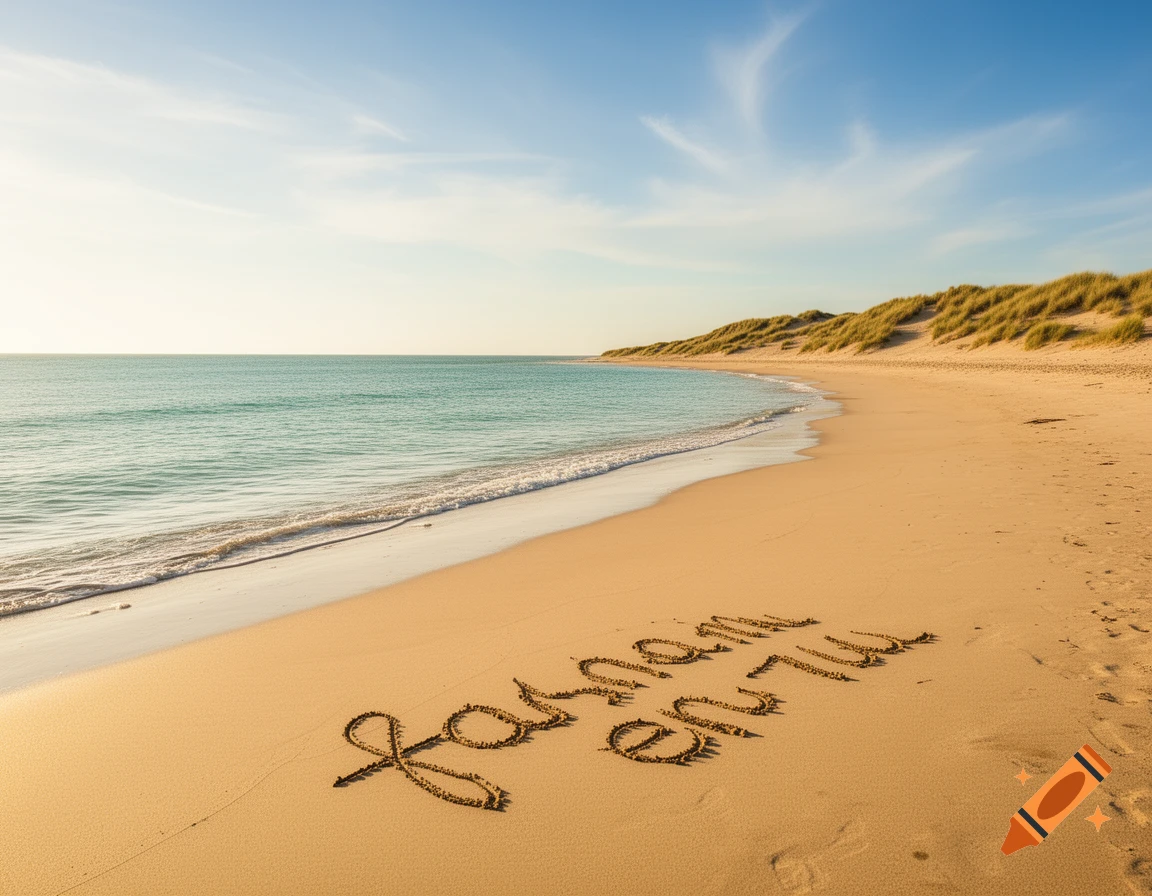 Photorealistic image of the words 'fais nami en nu' written in the sand on a sunny beach with gentle waves and grassy dunes.