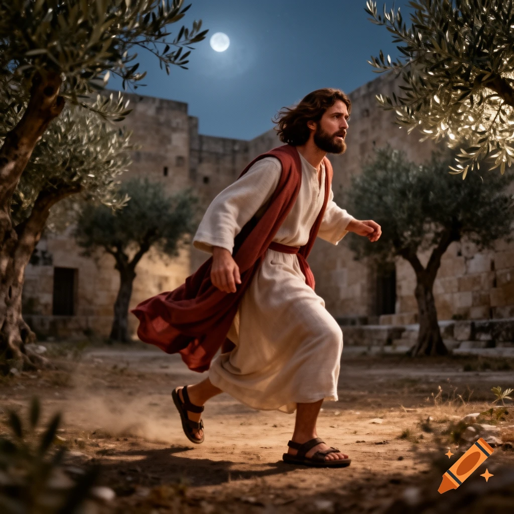 Photorealistic depiction of Jesus running at night through an olive grove with ancient stone buildings under a full moon.