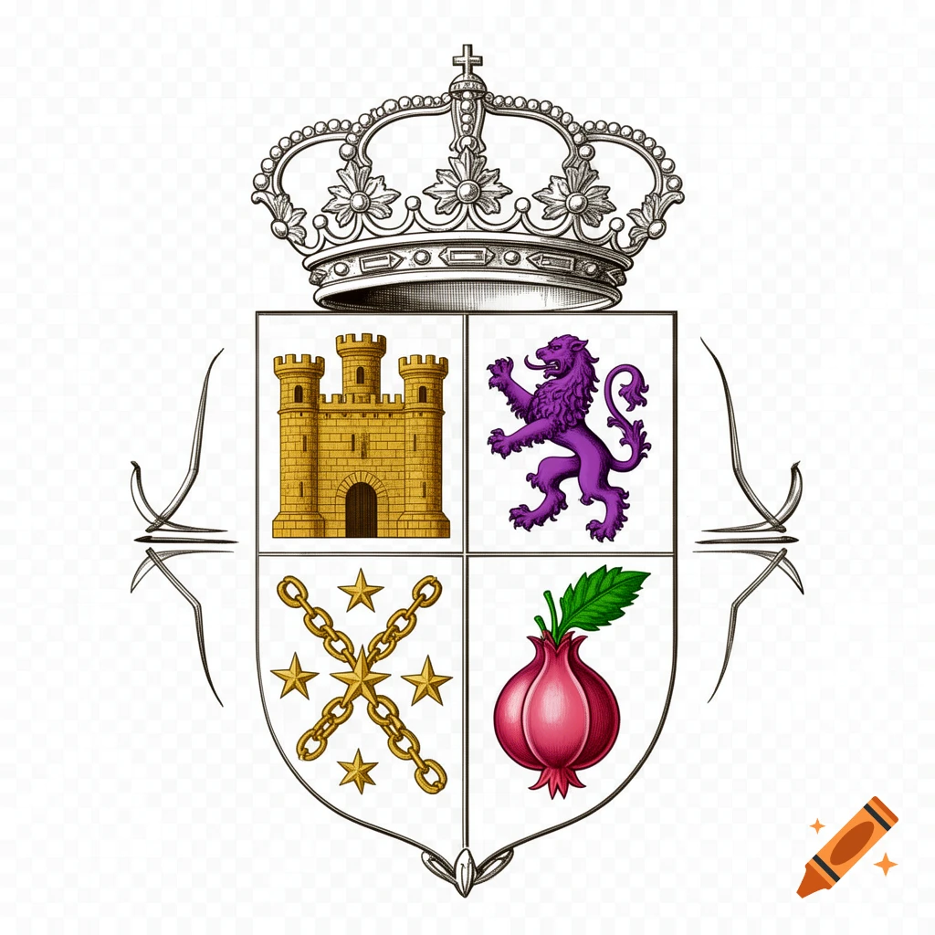 An ornate Spanish coat of arms in an engraving style, featuring a royal crown above a shield divided into four quarters. The quarters depict a golden castle, a purple rampant lion, golden chains with stars, and a stylized red pomegranate with a green leaf. The background is transparent.