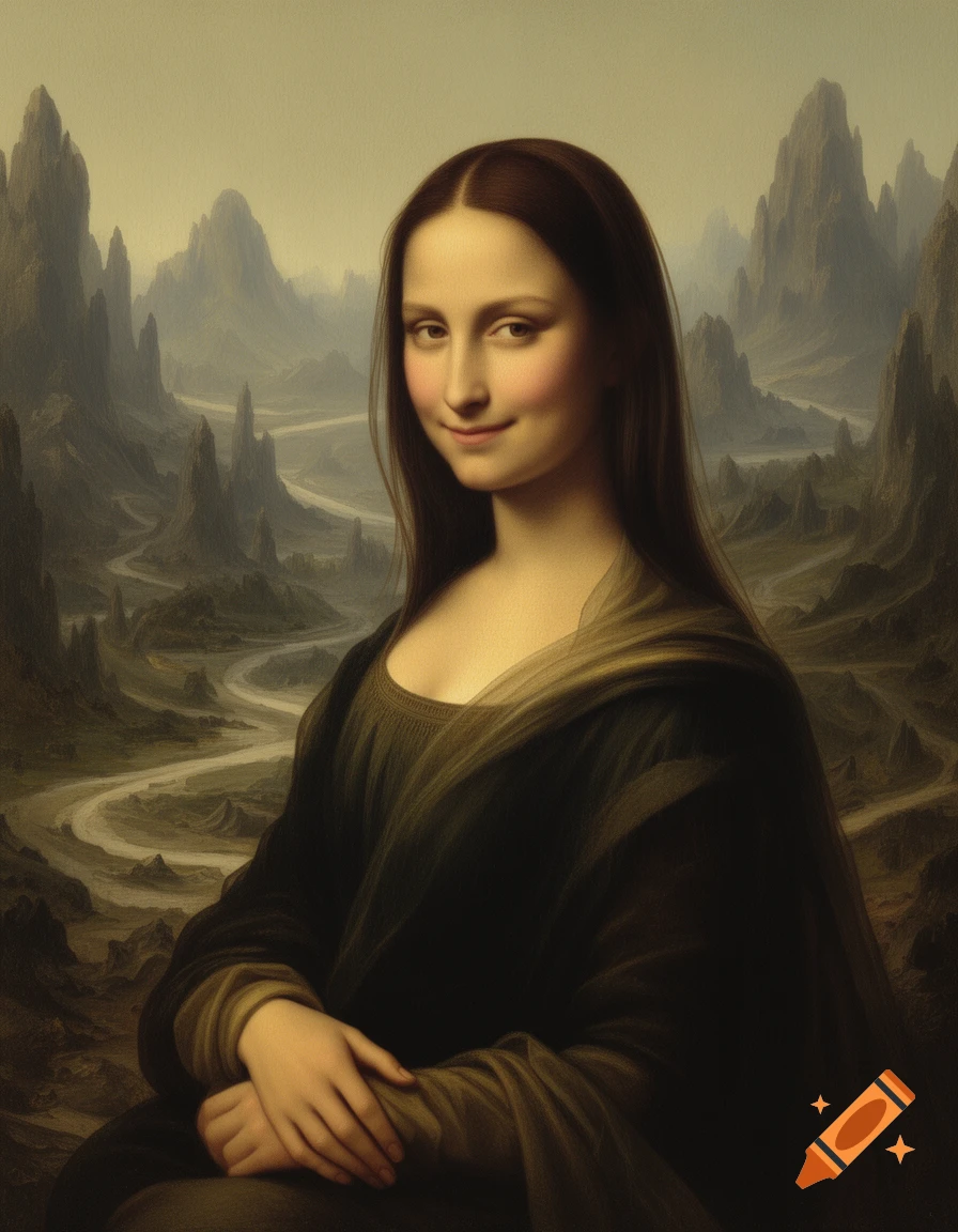 A painting of a woman with a subtle smile, resembling the Mona Lisa, against a fantasy landscape.