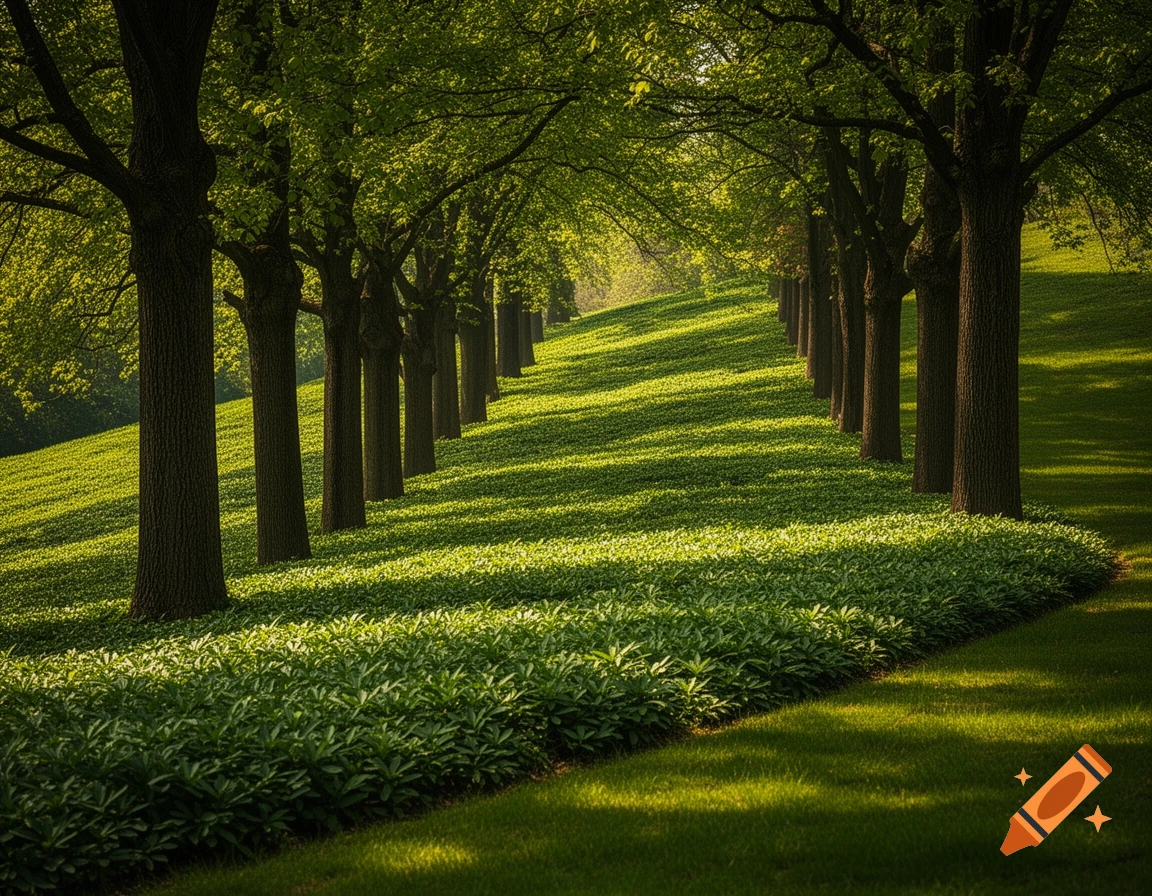 Photorealistic scene of a tree-lined green hill with dappled sunlight and dense ground cover.