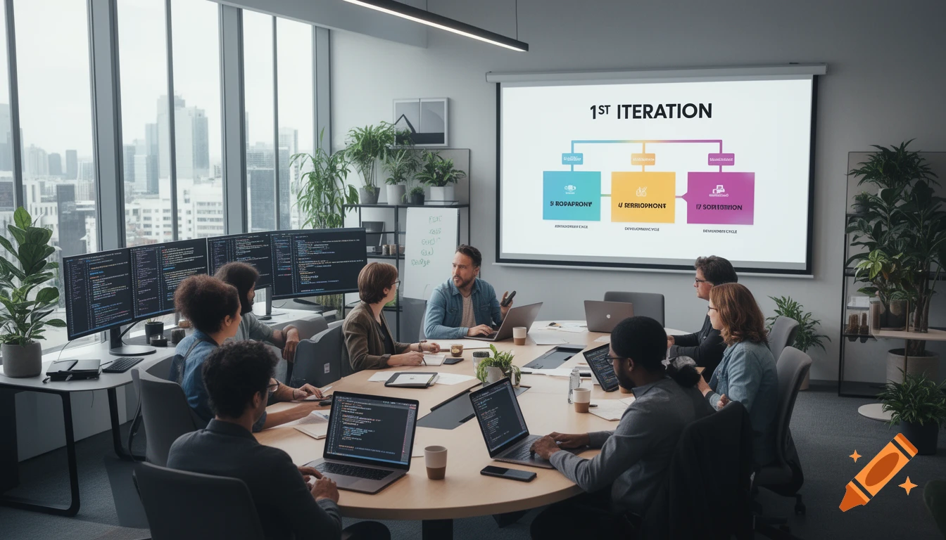 Diverse team of professionals in a modern office meeting room, looking at a projector screen displaying '1ST ITERATION' and a diagram with garbled text. Several people are on laptops with code on their screens, a cityscape visible outside large windows.