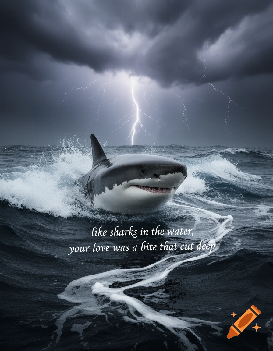 A great white shark surfaces in stormy dark waves, with a lightning bolt striking from a dark sky. Text on the water reads: "like sharks in the water, your love was a bite that cut deep"