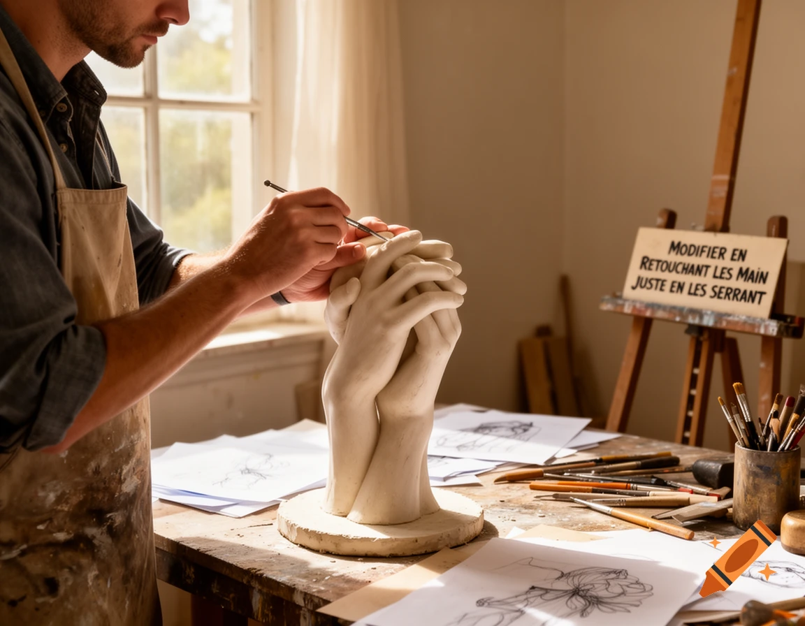 A man in an apron meticulously sculpts intertwined hands from clay in a sunlit art studio, surrounded by tools and sketches.