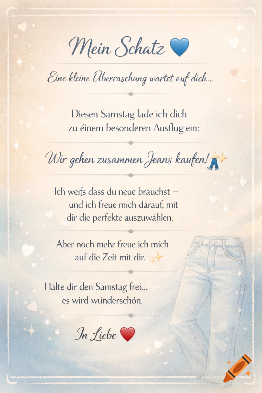 Romantic German invitation card with pastel colors, hearts, sparkles, and a subtle jeans illustration, featuring text like 'Mein Schatz'.