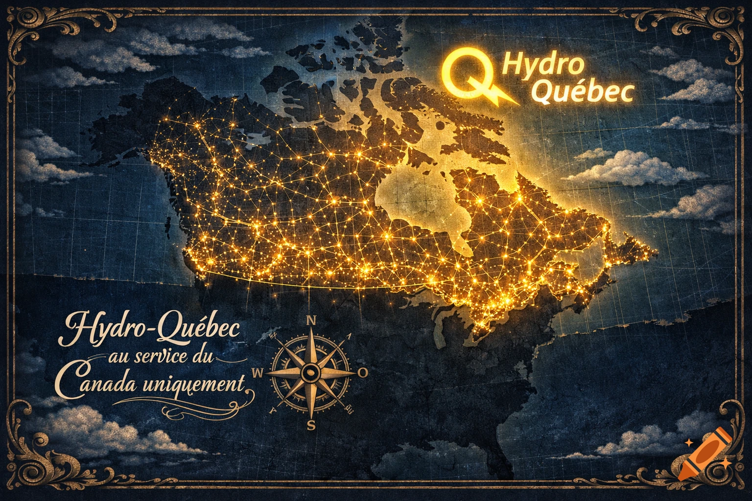 A stylized vintage map of Canada and northern USA with an illuminated electricity grid and 'Hydro Québec' text, framed by a decorative border.