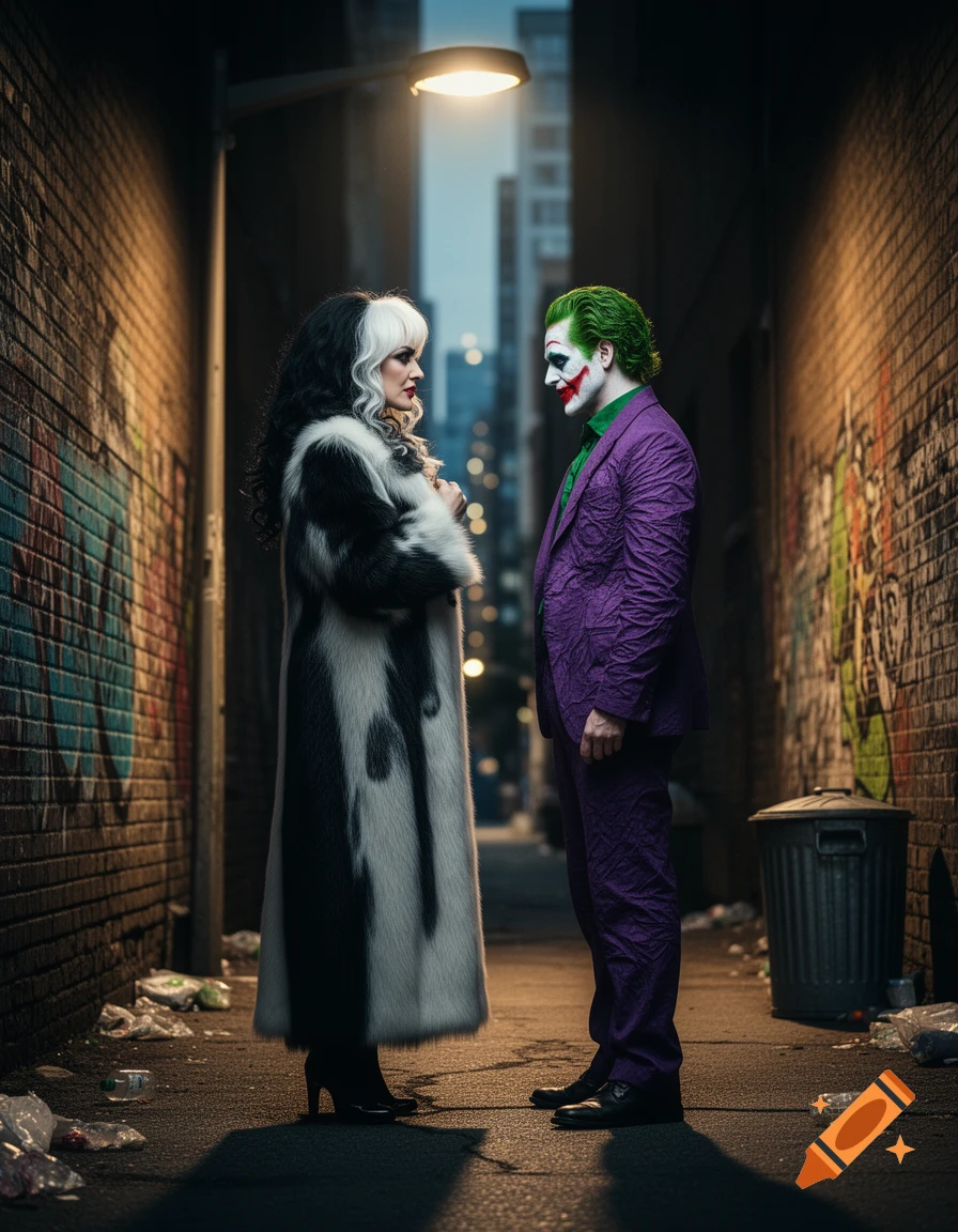 Cruella de Vil and Joker stand facing each other in a dimly lit, graffiti-covered alley at night, trash on the ground.