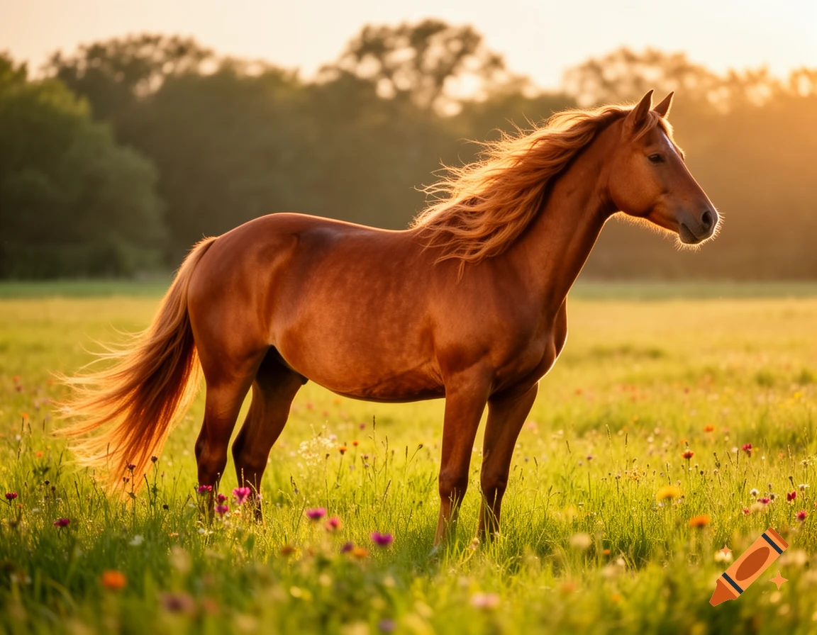 A photorealistic brown horse with a flowing mane stands in a sunny, green field filled with wildflowers during golden hour.