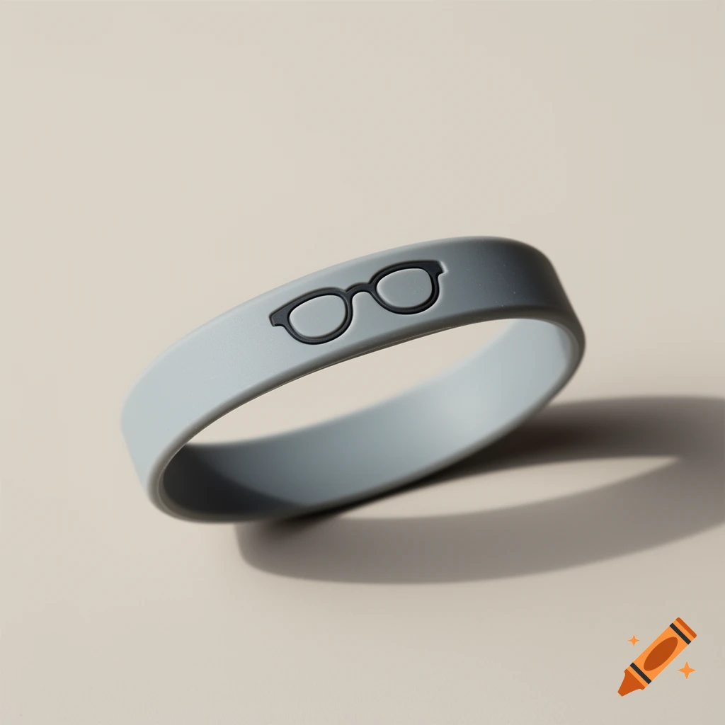 A light gray rubber wristband with a black silhouette of glasses as the only design, set against a plain beige background.