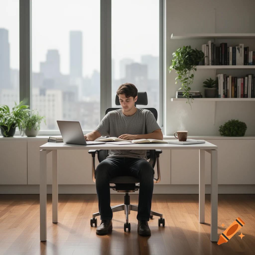 A young man sits at a white desk with a laptop and open book, with a city skyline visible through large windows.
