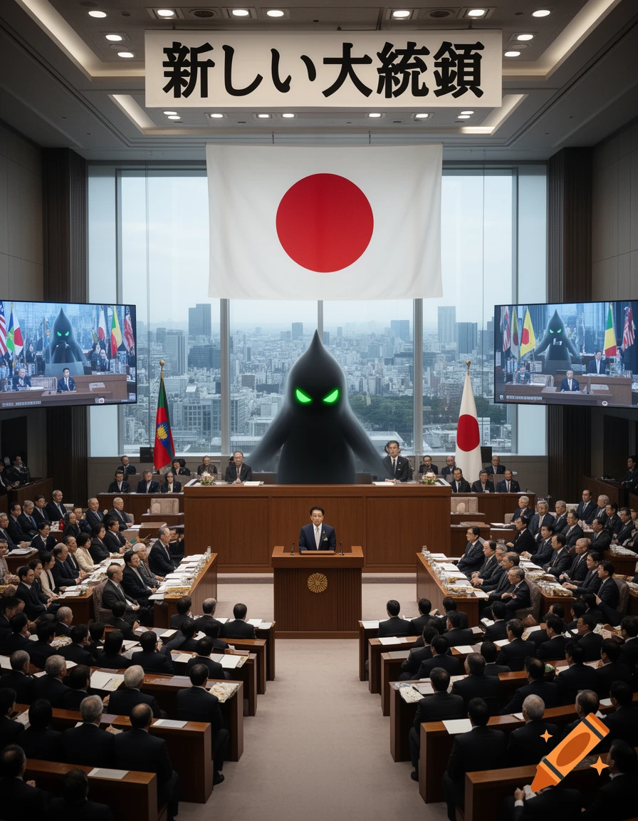 Photorealistic image of the Pokémon Marshadow at a podium in a Japanese legislative assembly, with a crowd, flag, and 'New President' banner.