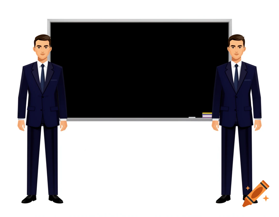 Two identical vector art businessmen in dark suits stand symmetrically in front of a blank blackboard on a white background.