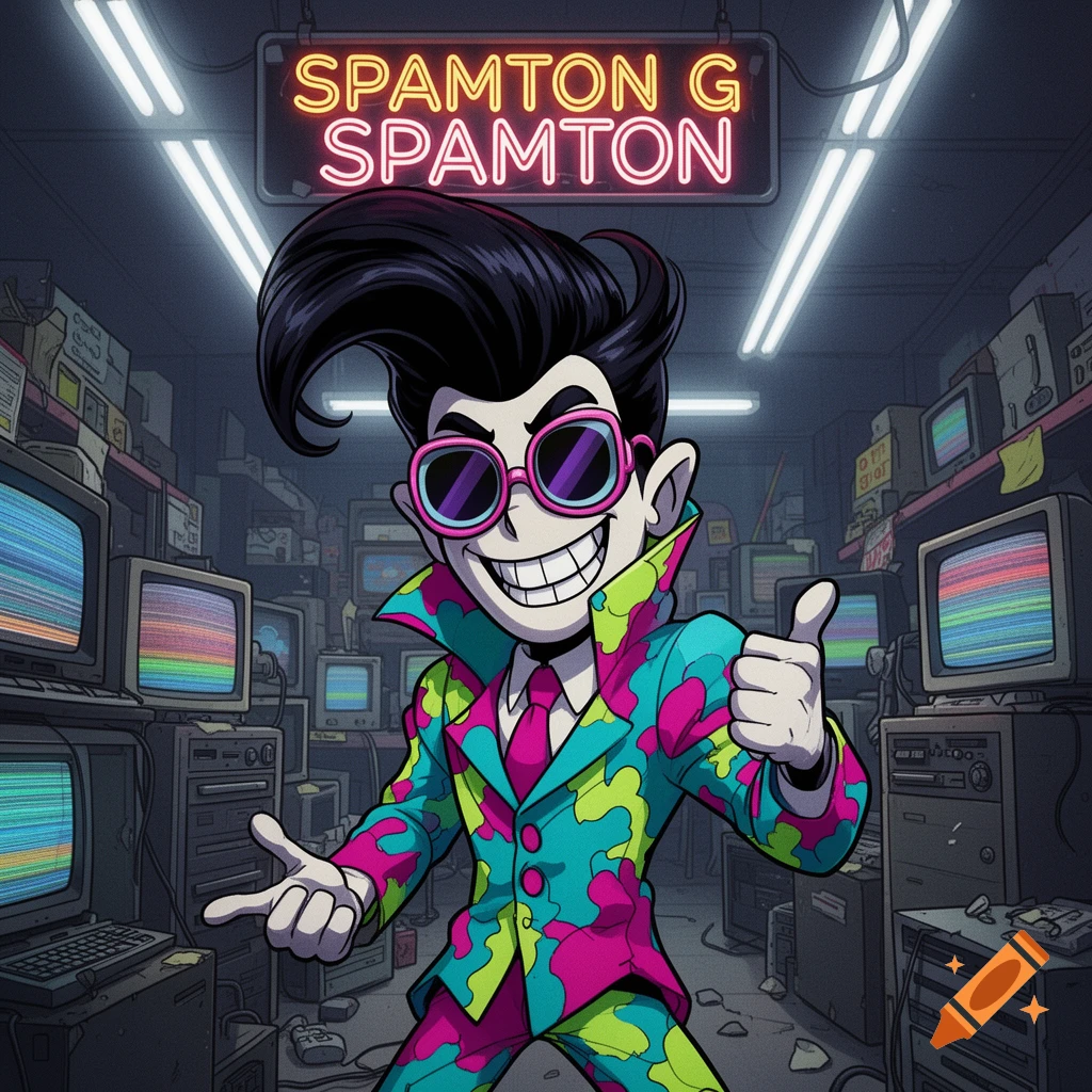 Spamton G Spamton, a cartoon character in a vibrant suit and pink sunglasses, grins and gives a thumbs-up in a cluttered electronics store with a neon sign.