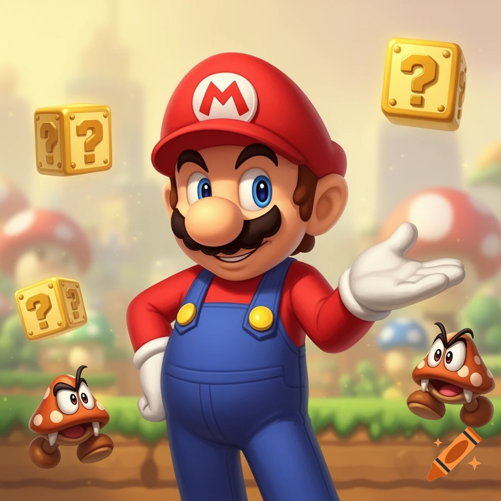 Mario in his red hat and blue overalls, gesturing, surrounded by golden question blocks and two Goombas in a vibrant cartoon landscape.