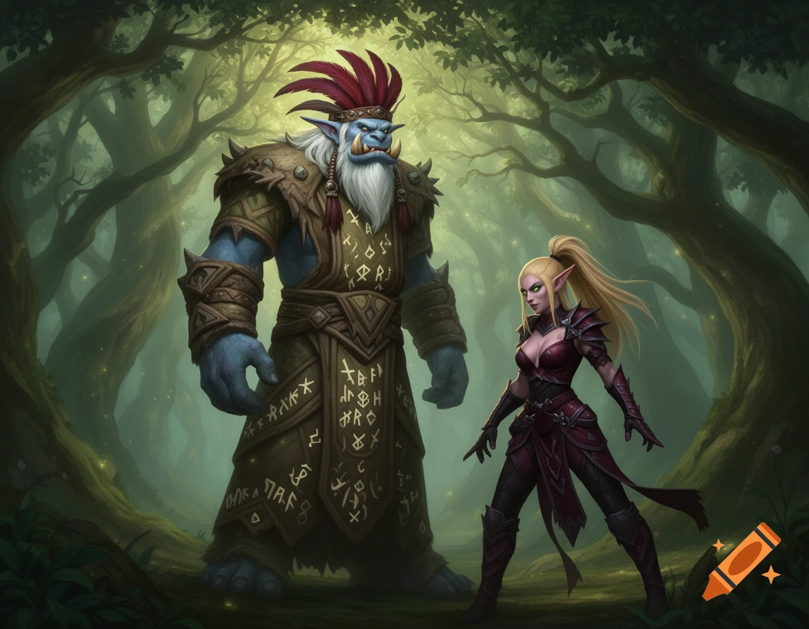 A towering blue troll with red feathers and white beard stands next to a slender blonde elf in red armor in a mystical forest.
