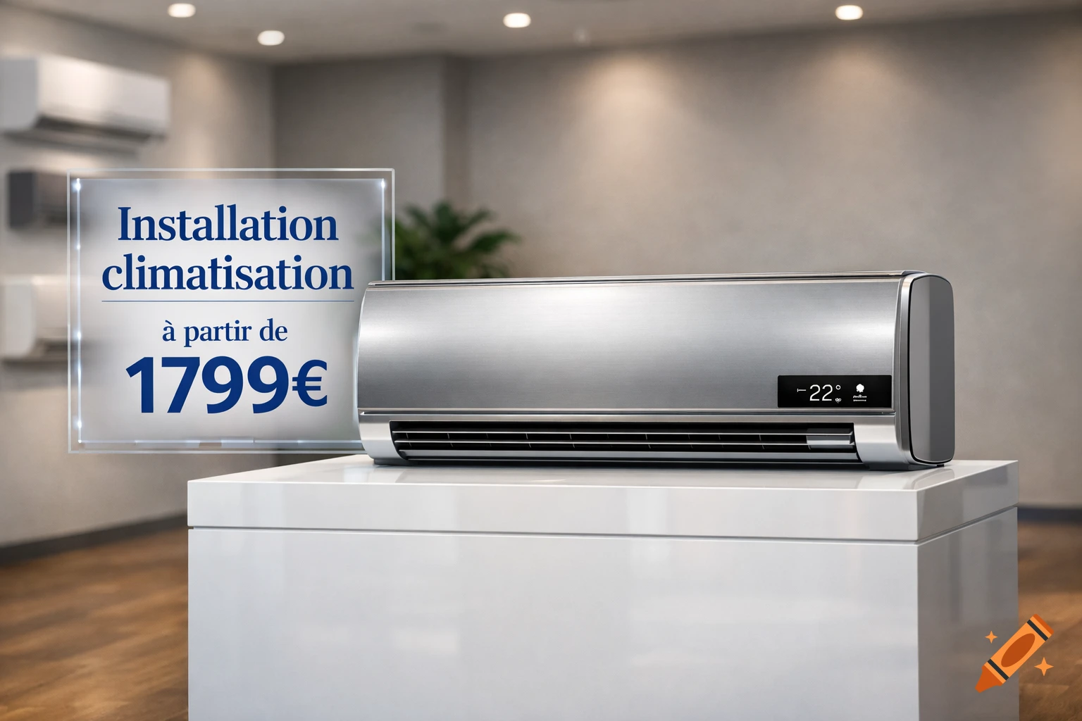Photorealistic image of a silver air conditioning unit on a white display stand, with an overlay advertising 'Installation climatisation à partir de 1799 '