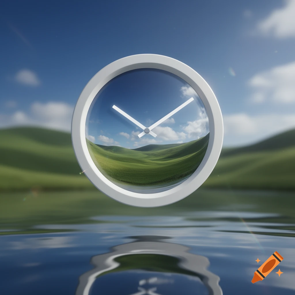 A floating modern white clock shows a surreal green hill landscape inside its face, reflected on water below a blurred blue sky.
