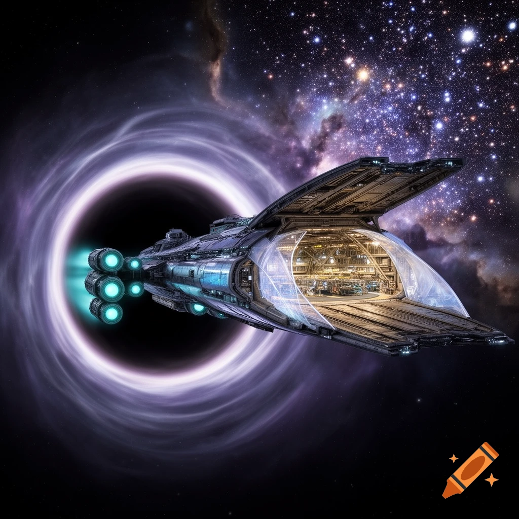 A futuristic spaceship with an open hangar, flying past a black hole with glowing teal engines against a starry background.