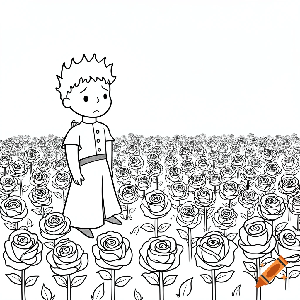 Black and white cartoon coloring page of the Little Prince looking confused and disappointed in a field of identical roses.