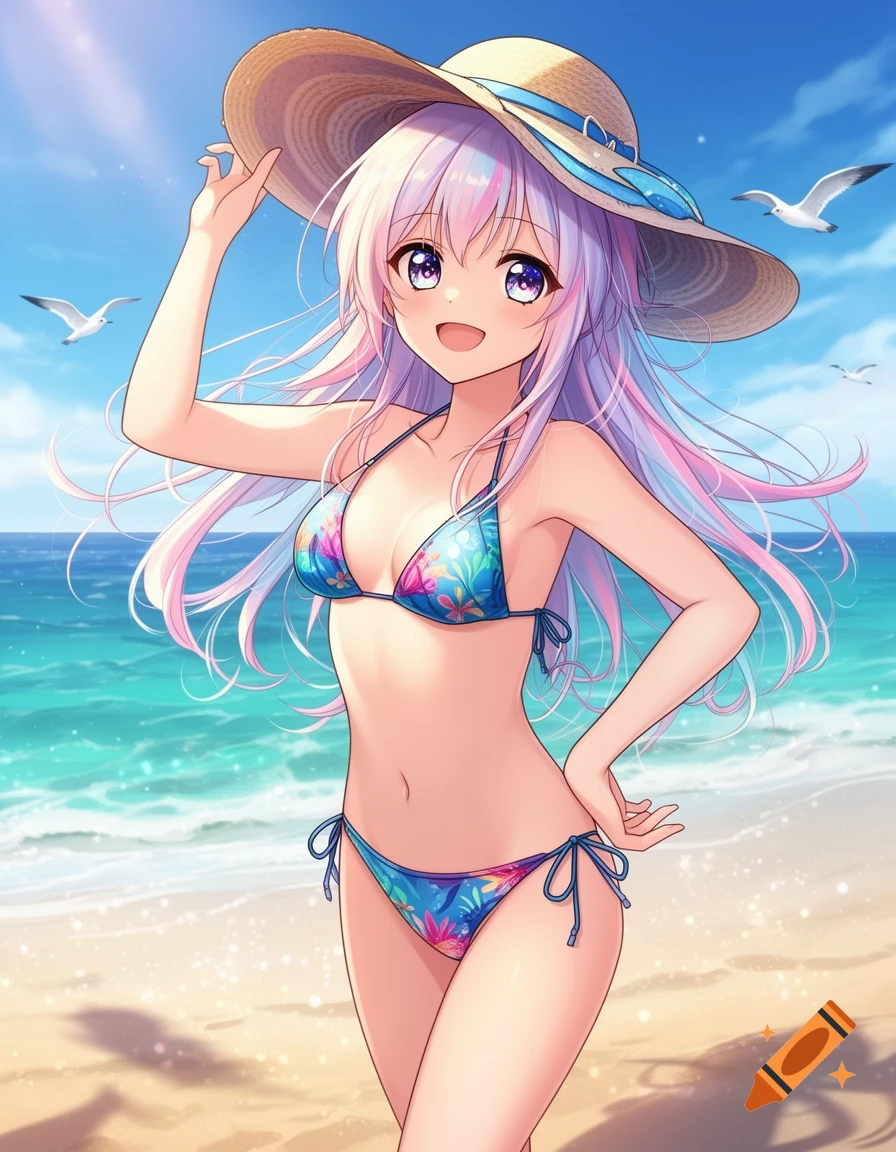 Smiling anime girl in a blue floral bikini and straw hat on a sunny beach with seagulls.