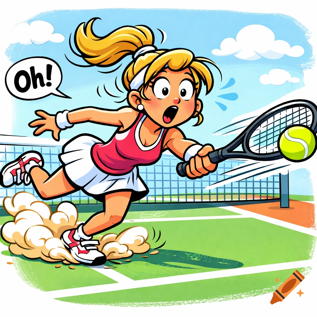 A colorful cartoon shows a surprised woman on a tennis court, missing a yellow tennis ball with her racket as dust kicks up.