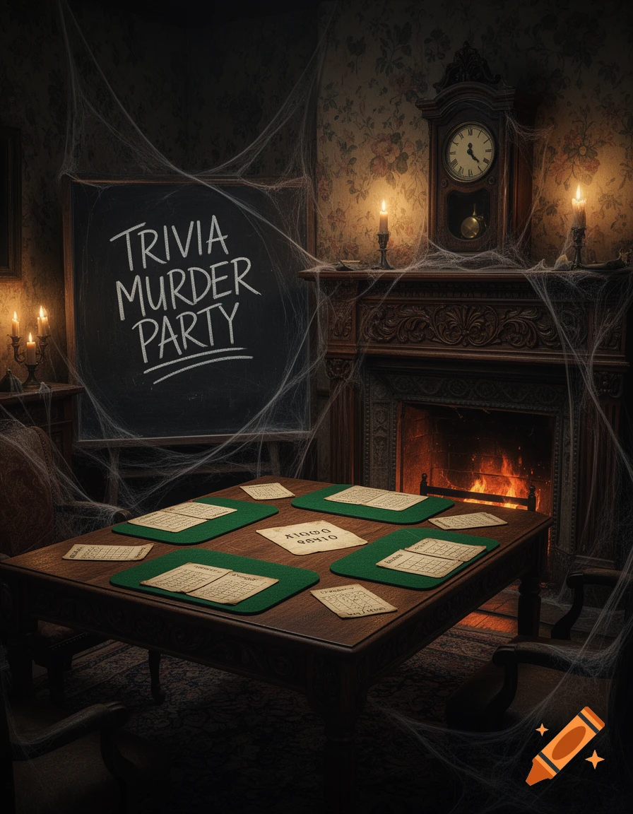 A dimly lit, dusty room with spiderwebs, a chalkboard reading "Trivia Murder Party," a fireplace, and a table with game cards.