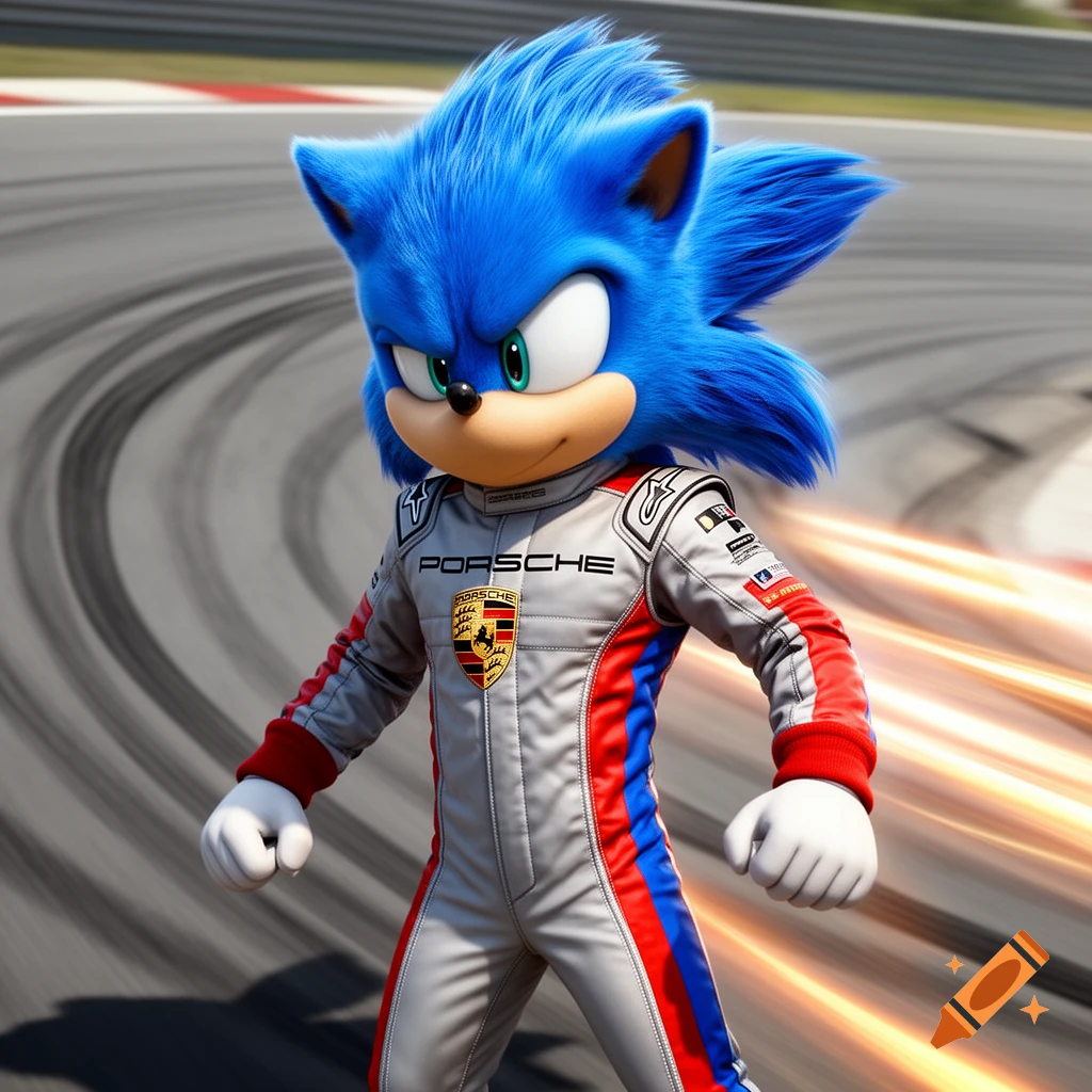 Sonic the Hedgehog in a Porsche racing suit stands on a race track with motion blur.