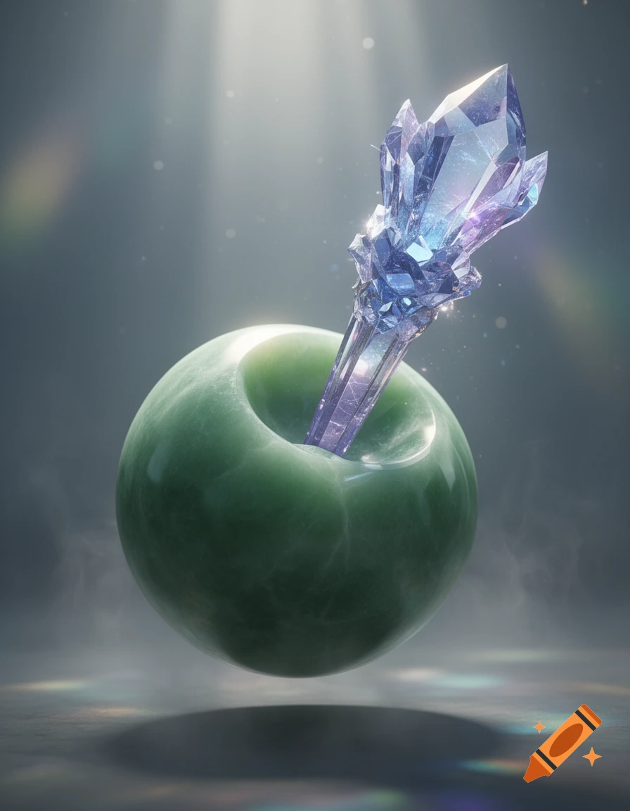A smooth green sphere with a glowing blue and purple crystal emerging from its top, floating in a misty, illuminated space.
