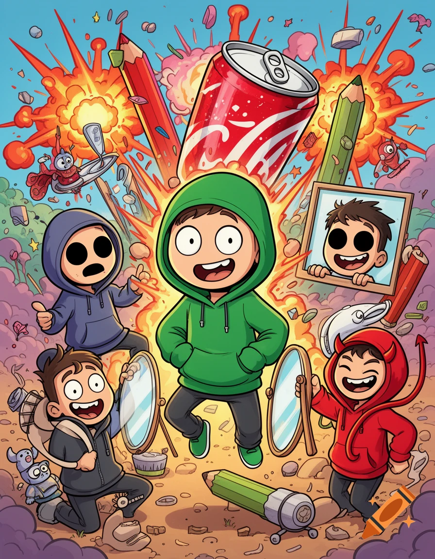 Cartoon scene with a character in a green hoodie surrounded by other characters, explosions, a soda can, and pencils.
