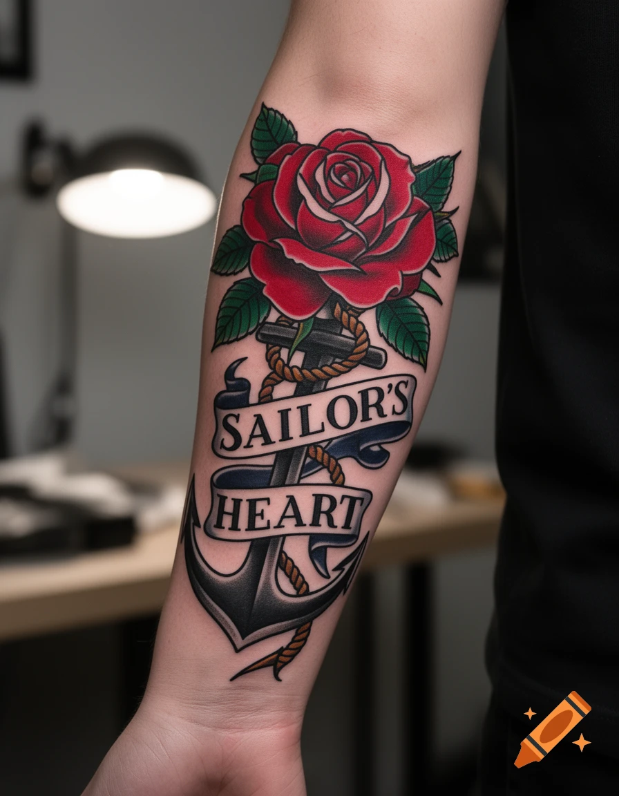 Traditional style tattoo of a red rose above an anchor with a banner reading 'SAILOR'S HEART' on an arm.