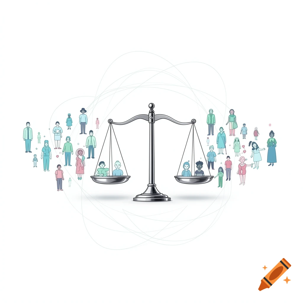 Abstract illustration of a balance scale with diverse stylized people representing fairness and equality.