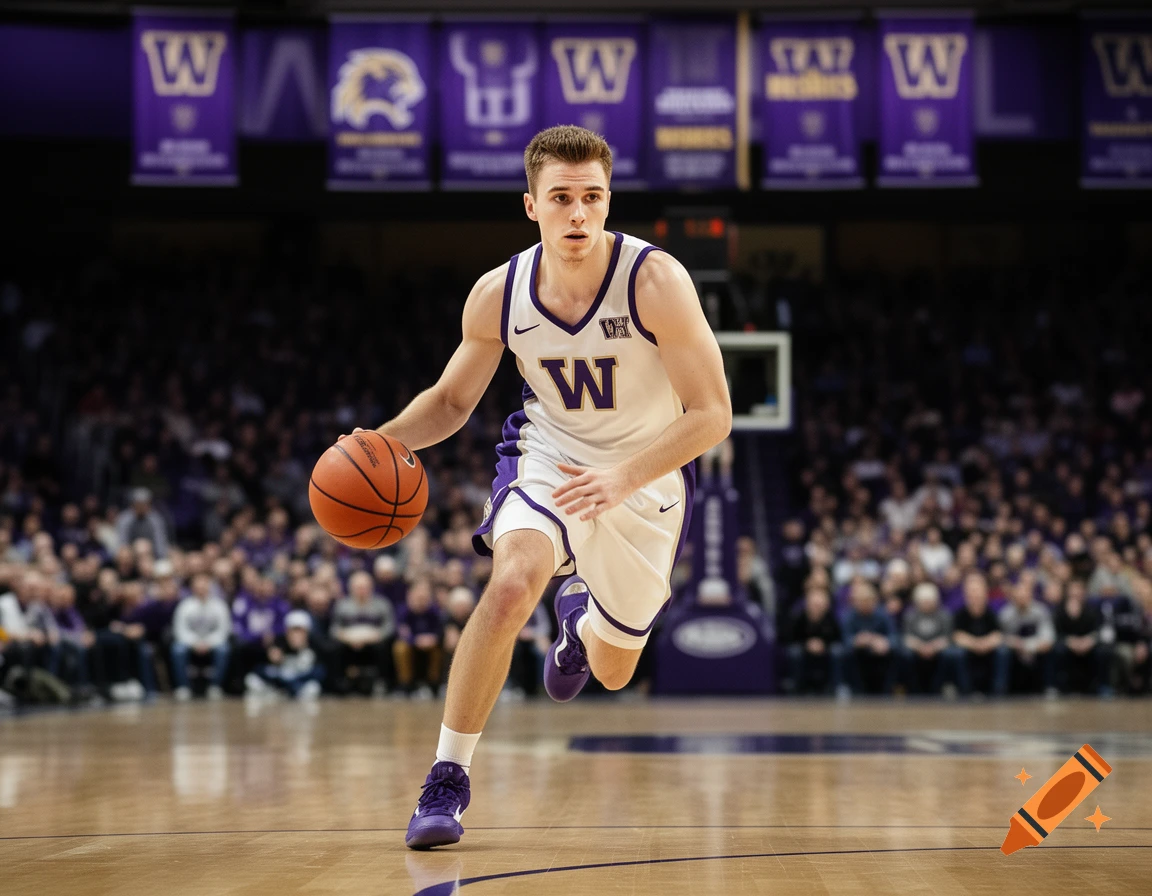 A white male basketball player in a white and purple jersey with a 'W' dribbles the ball on a court during a game.