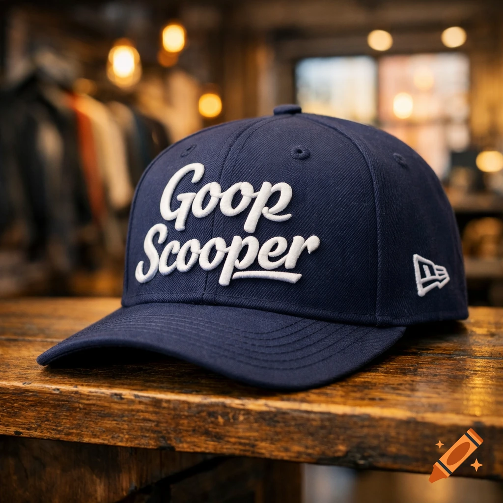 A close-up shot of a dark blue New Era baseball cap with "Goop Scooper" embroidered in white script on the front, resting on a wooden table.