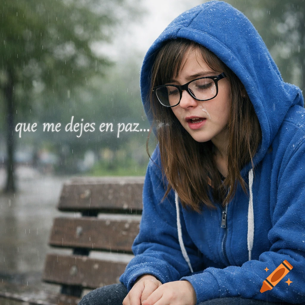 Photorealistic portrait of a young girl with glasses and a blue hoodie, crying in the rain while sitting on a bench, with text saying "que me dejes en paz".