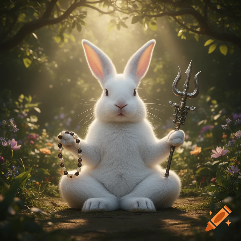 A photorealistic white rabbit sits in a lotus position, holding prayer beads and Shiva's trident in a sunlit enchanted forest.