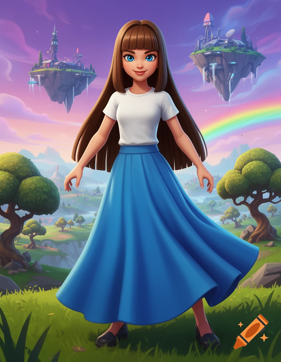A stylized young female character with long brown hair, blue eyes, a white t-shirt, and a long blue skirt stands in a colorful landscape with floating futuristic islands and a rainbow in a Fortnite-inspired art style.