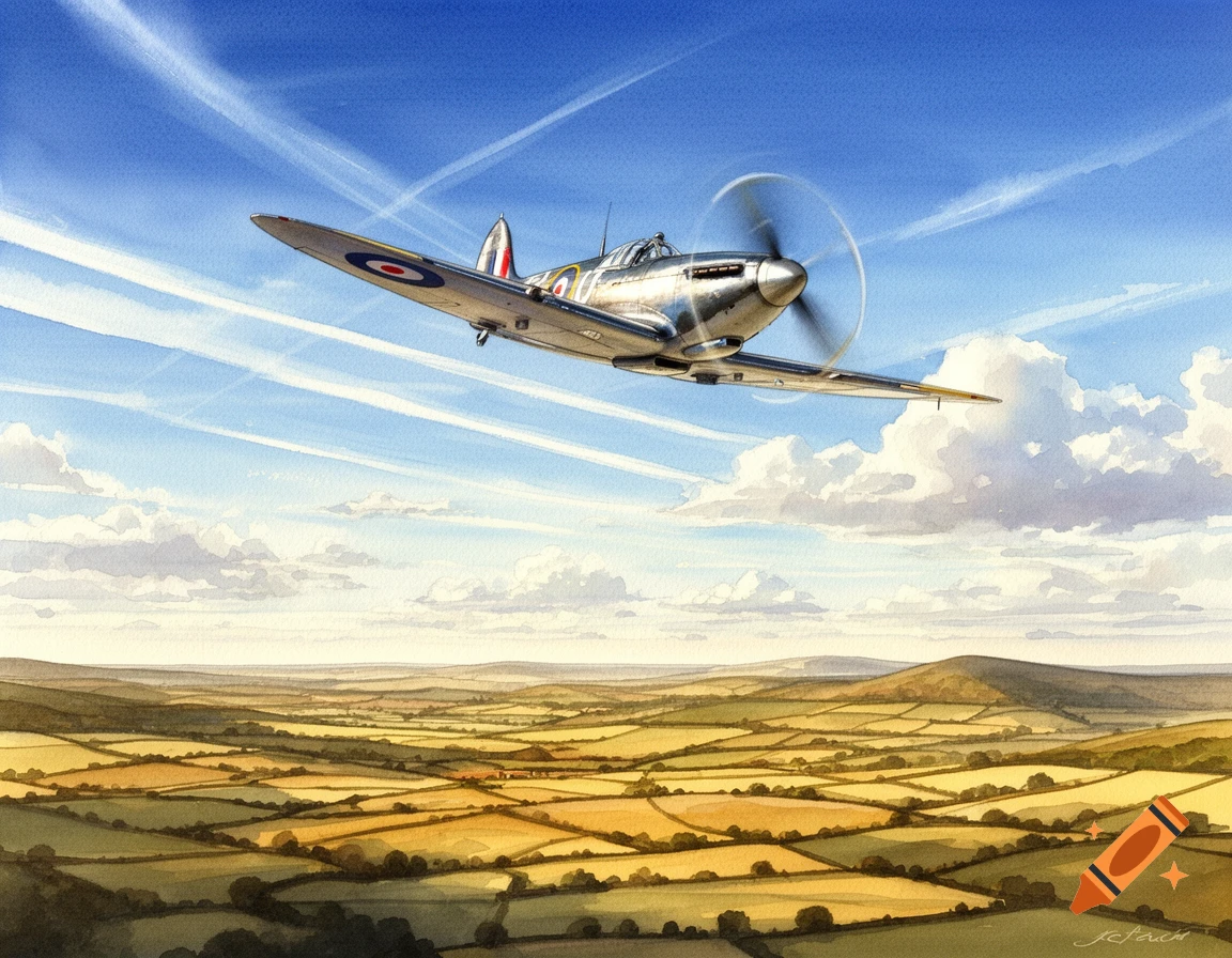 Watercolor painting of a silver RAF Spitfire airplane flying over a patchwork rural landscape with a bright blue sky.