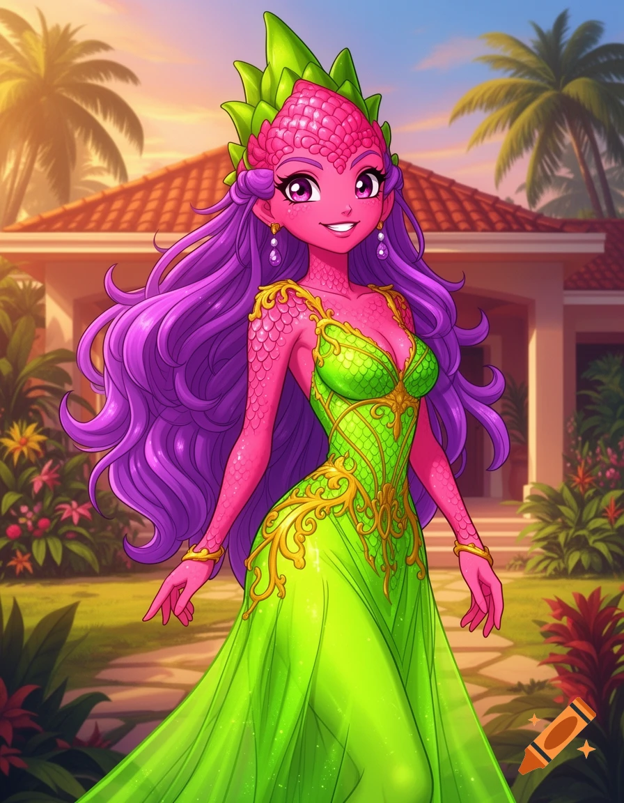 Anime-style dragon fruit woman with pink scales, purple hair, and a green and gold dress smiles in front of a tropical villa.