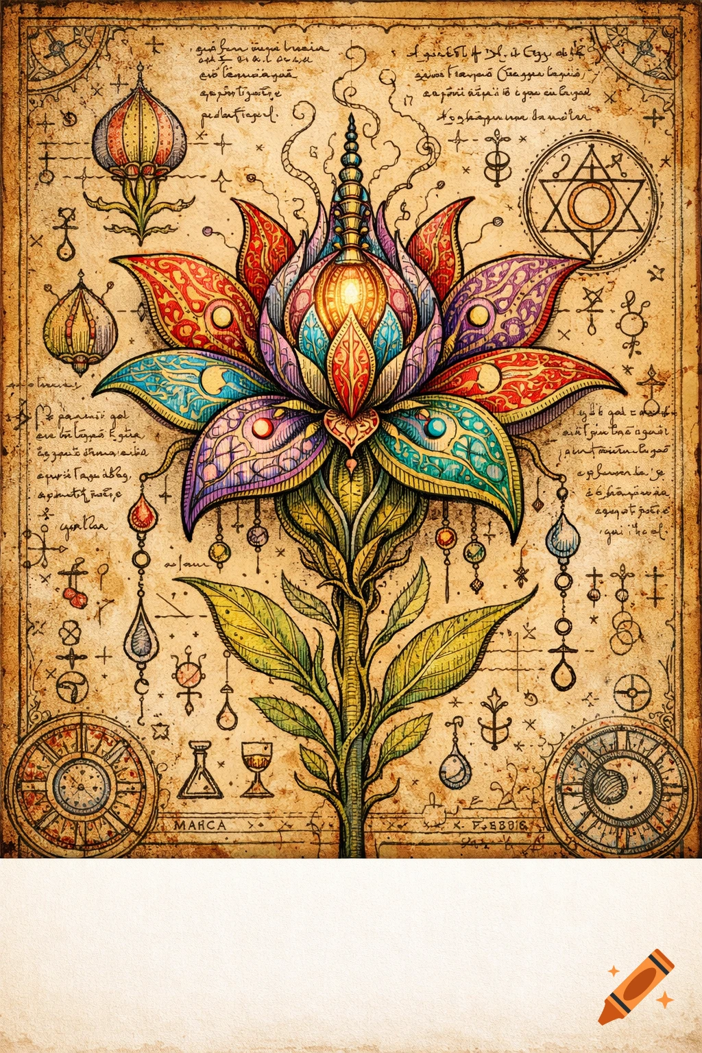Detailed botanical illustration of a colorful, ornate fantasy flower with glowing center and decorative petals, on old parchment with alchemical symbols, marginalia, and illegible script.
