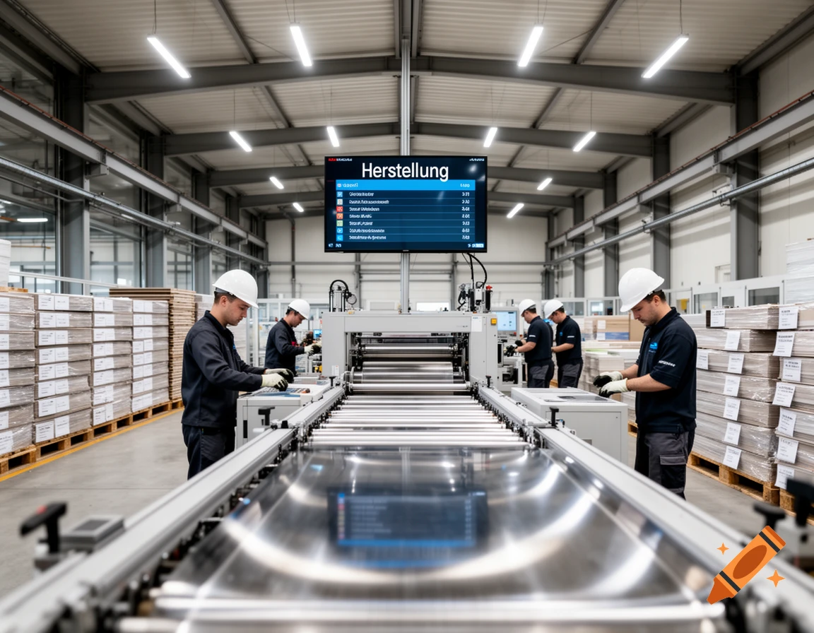 Workers in an industrial factory operate machinery under a screen displaying 'Herstellung' (manufacturing) and a garbled list.